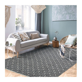 Tapis blanc/noir en coton géométrie grande taille  - Impression Lin