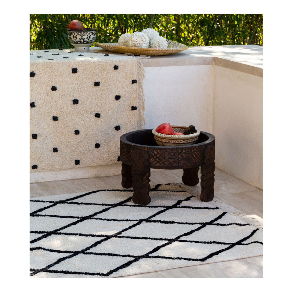 Tapis berbere Kasba en coton coloris écru et noir  - Impression Lin