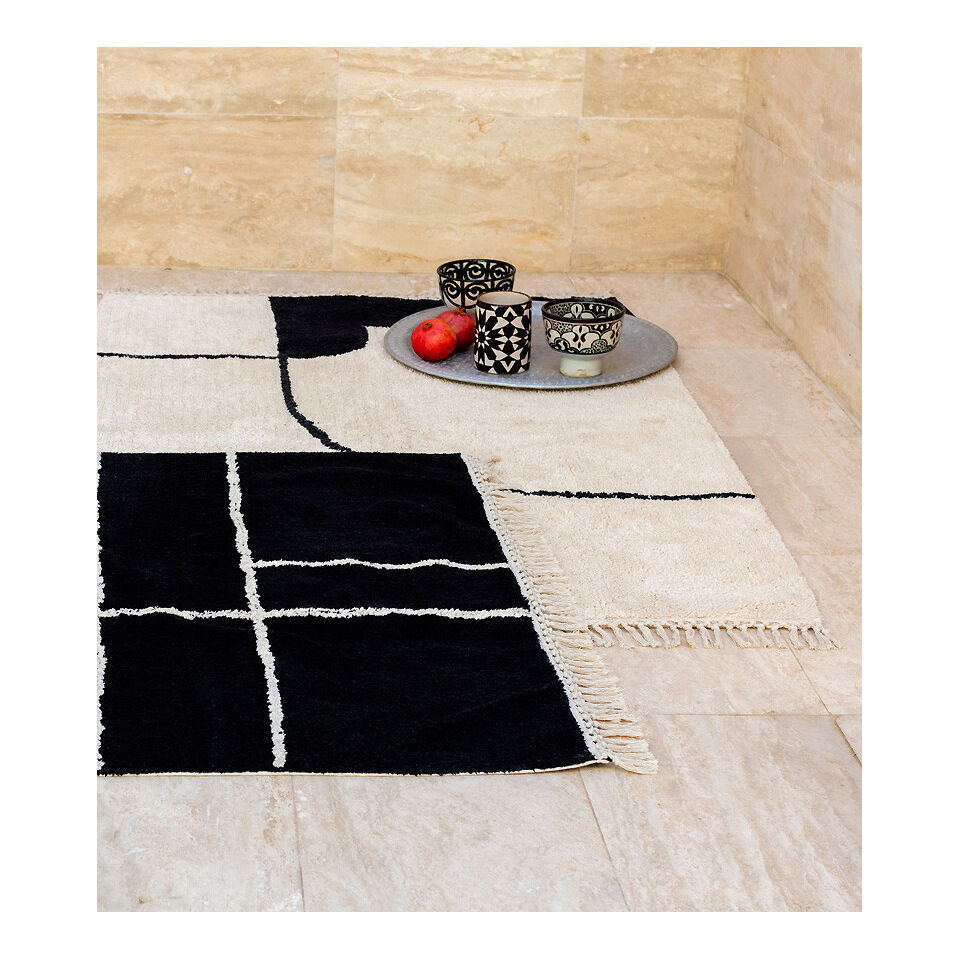 Tapis berbere Sala en coton coloris noir  - Impression Lin