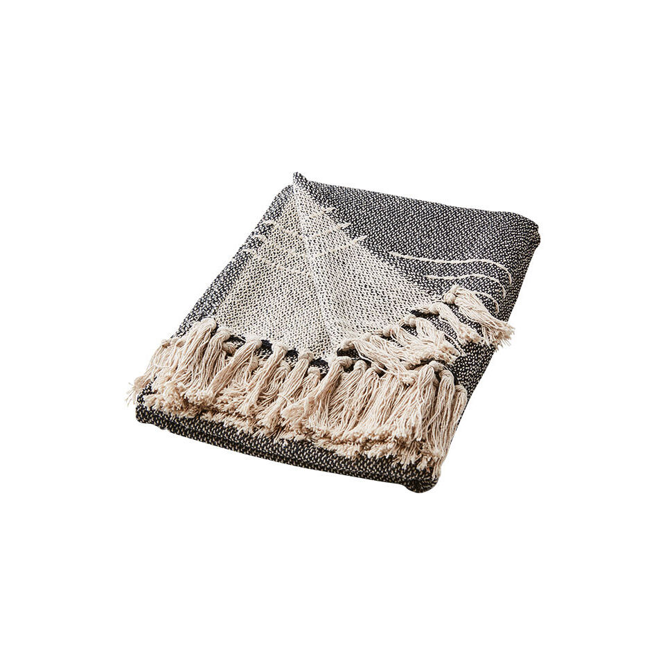 Plaid en coton recyclé à franges Noir/Naturel - 175x125 - Affari
