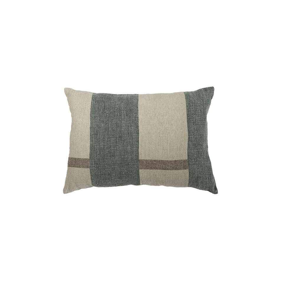 Housse de coussin en lin brut coloris vert et naturel finition frangée CHALYA - Dareels