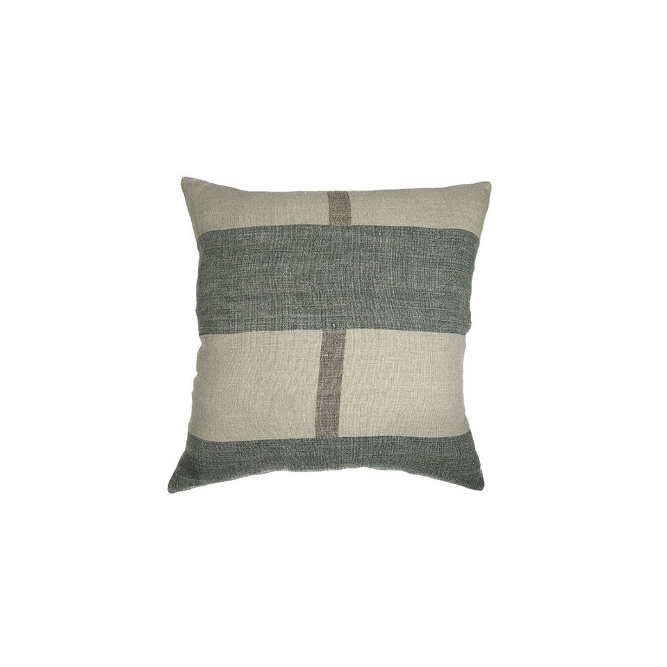 Housse de coussin en lin brut coloris vert et naturel finition frangée CHALYA - Dareels