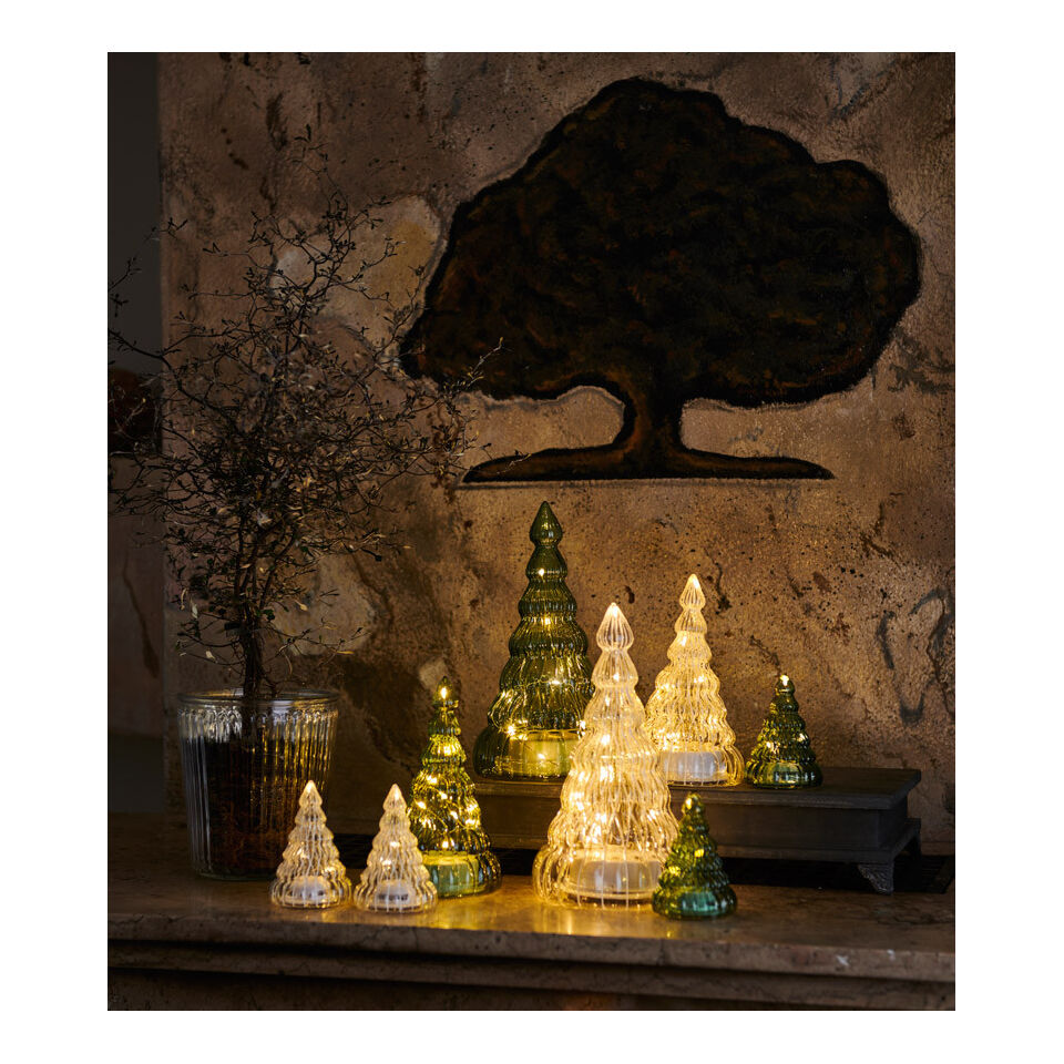 Sapin de Noël LUCY Lumineux à Led en Verre Teinté Vert - Alimentation par Pile - H.16,5 cm - SIRIUS