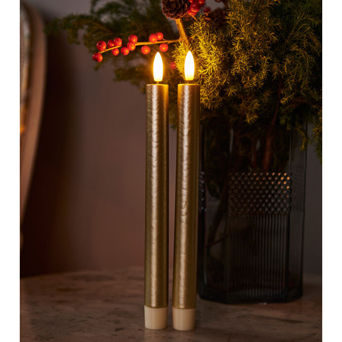 Set de 2 Bougies Led SILLE en Cire avec Flammes Vacillantes Artificielles Réalistes - Exclusive Gold H. 25cm - SIRIUS