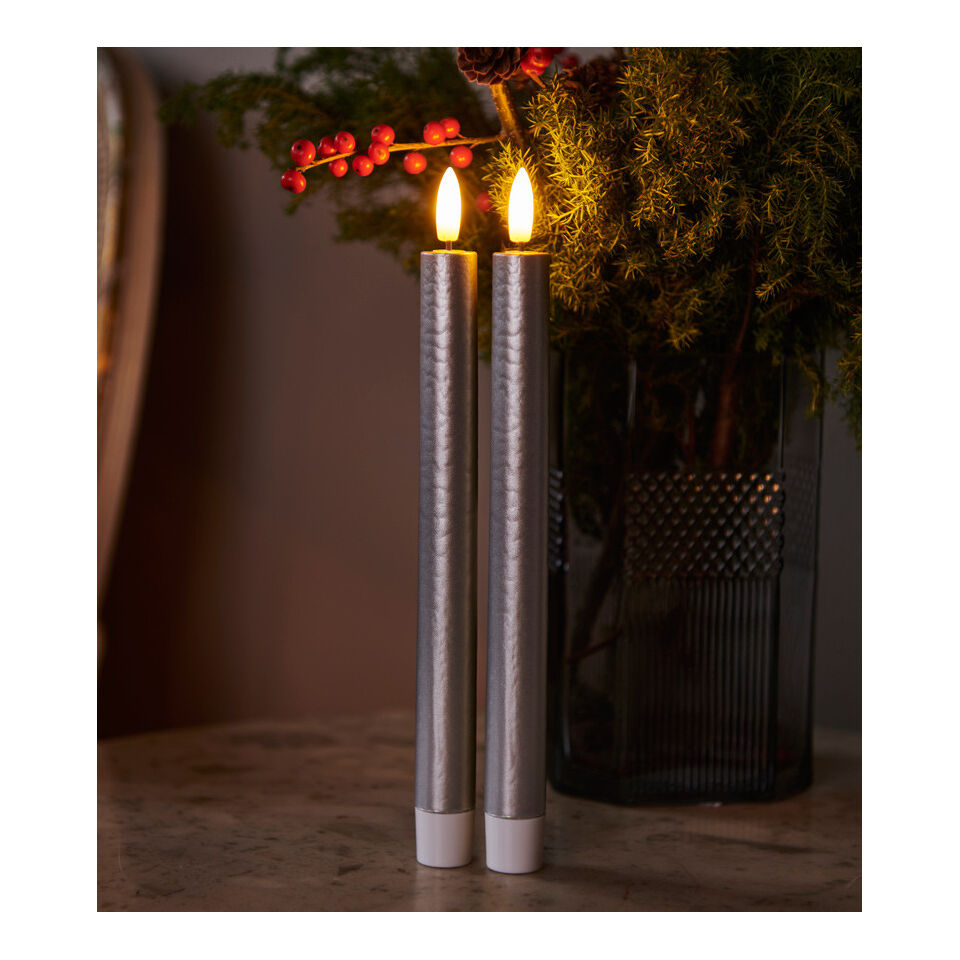 Set de 2 Bougies Led SILLE en Cire avec Flammes Vacillantes Artificielles Réalistes - Exclusive Silver H. 25cm - SIRIUS