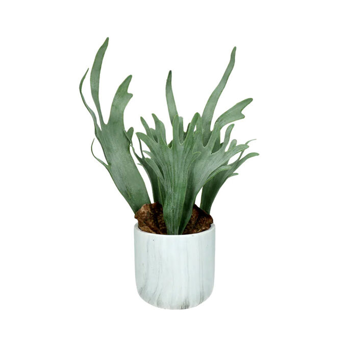 Plante Verte Artificielle MARMURA - Fougère Synthétique/Ciment et Pot en Marbre - Diam 12 x H. 40 cm - POMAX