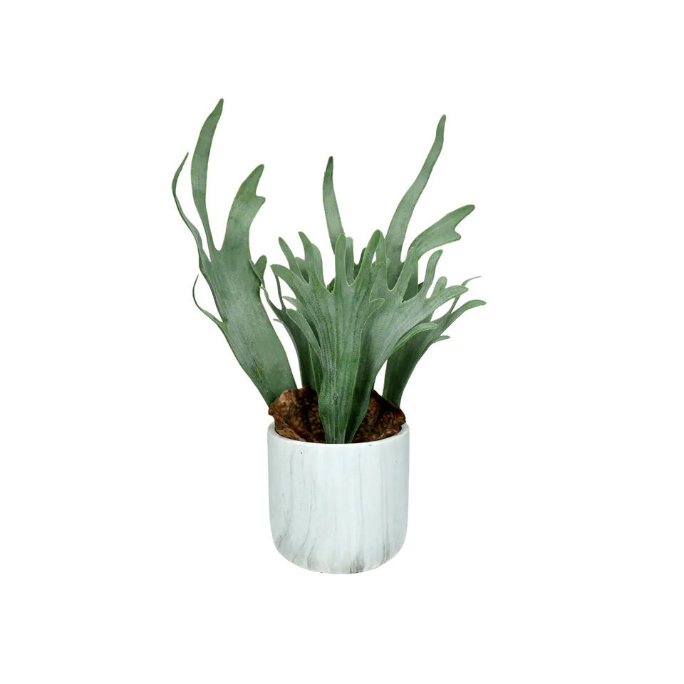 Plante Artificielle MARMURA Verte - Fougère Synthétique/Ciment et Pot en Marbre - Diam 12 x H. 40 cm - POMAX