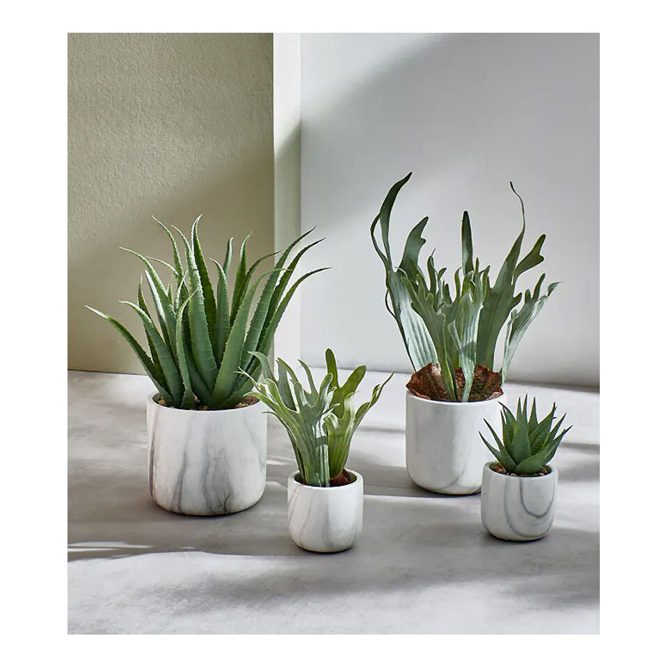 Plante Artificielle MARMURA Verte - Fougère Synthétique/Ciment et Pot en Marbre - Diam 12 x H. 40 cm - POMAX