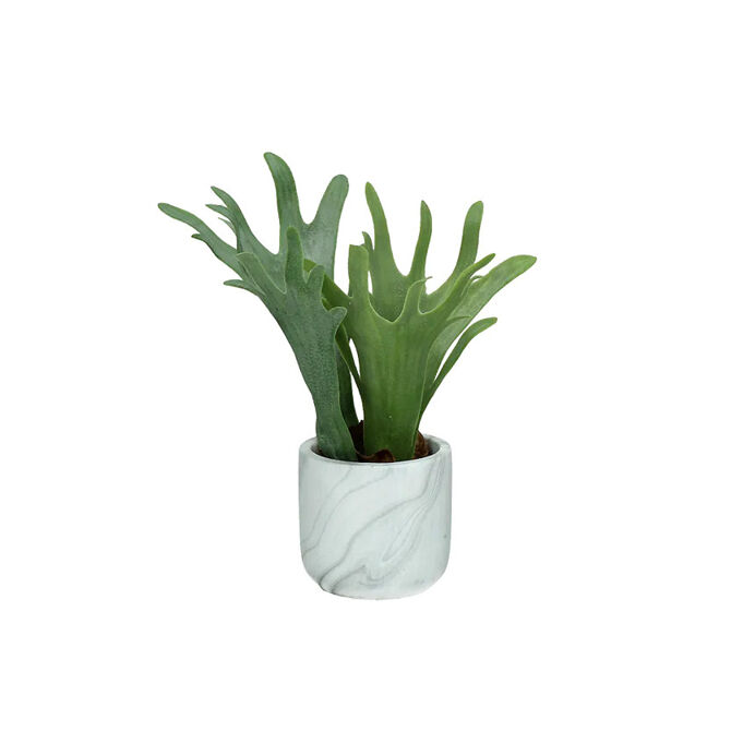 Plante Verte Artificielle MARMURA - Fougère Synthétique/Ciment et Pot en Marbre - Diam 8 x H. 22 cm - POMAX