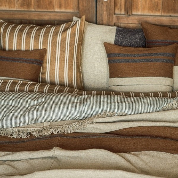 Impression Lin | linge de lit à rayure tonalité marron